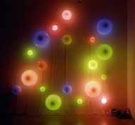 RGB Spheres, 2004, 19 polycarbonate spheres, lamps, lampholders, cable, DMX controller, dimming mechanisms, 350 x 350 cm 